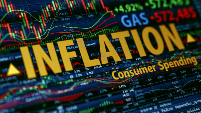 Inflation and Economic Downturn: A stark visualization of economic inflation, with rising charts and financial data highlighting consumer spending and market fluctuations.