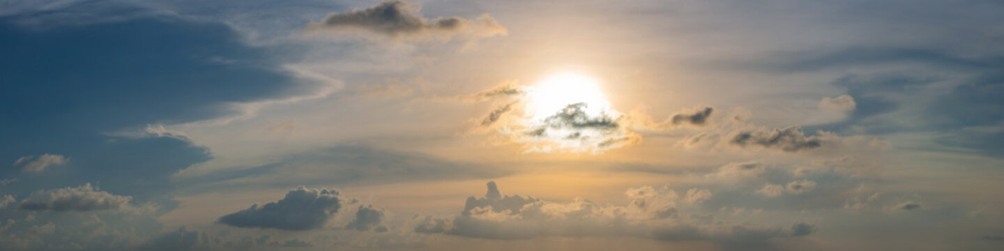 Dramatic panorama sky with cloud on sunrise and sunset time. Panoramic image.