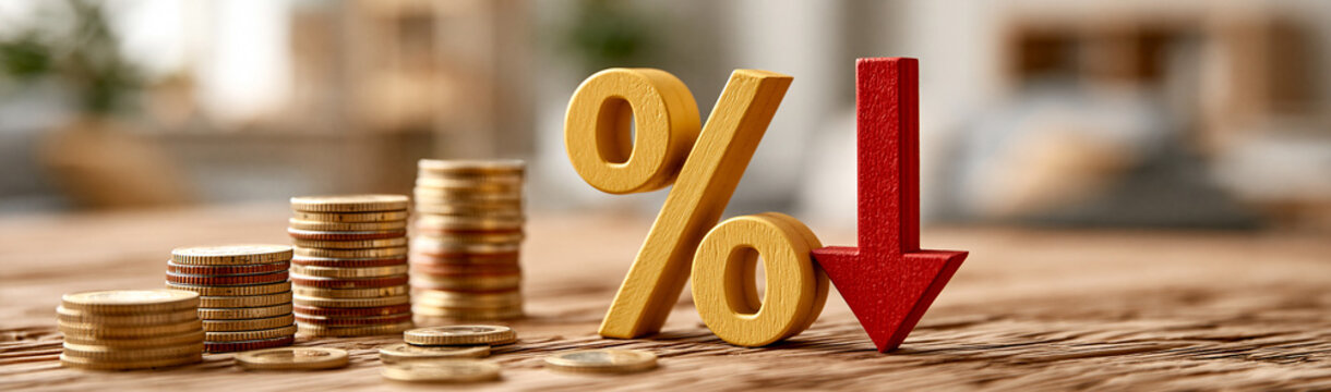 Interest Rate Drop: A prominent gold percentage sign and a red downward arrow sit next to stacks of coins, symbolizing a decrease in interest rates and financial decline.