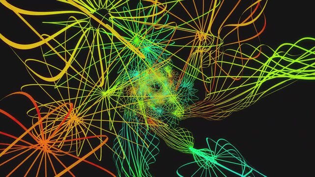Hypnotic seamless loop of a futuristic geometric tunnel. Abstract digital vortex made of twisting chaos lines, particle strings and quantum data waves, creating deep science and physics background