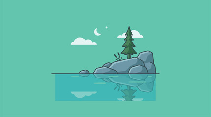 Minimalist Pine Tree on Rocky Island with Calm Water Reflection and Crescent Moon Sky © Nuryanti