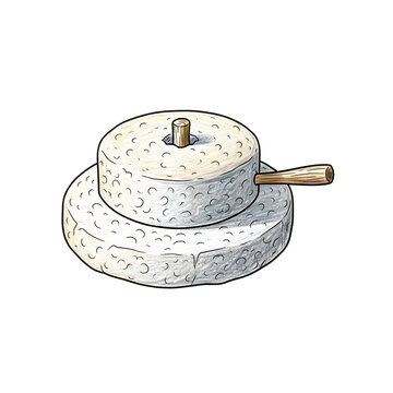 Ancient stone grain mill illustration featuring a rotary quern with stacked circular stones and a wooden handle for traditional flour grinding, isolated on a clean white background.