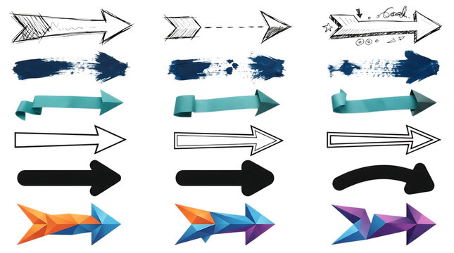 Set of various arrow designs isolated on transparent background