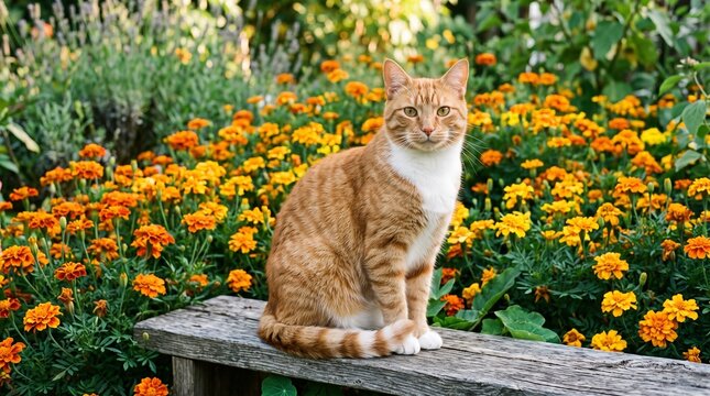 Golden fur among marigold bl Golden tabby resting in marigold glowoom
