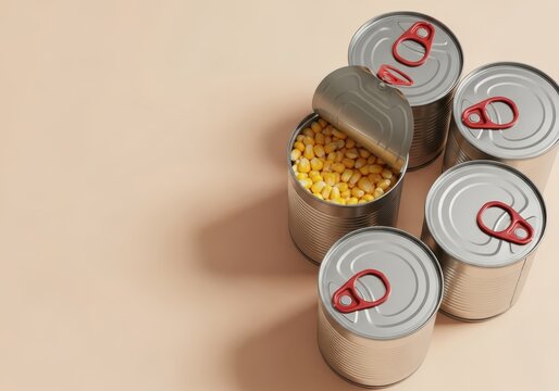 Group of Tin Cans with One Open Showing Sweet Yellow Corn Kernels on Beige Background