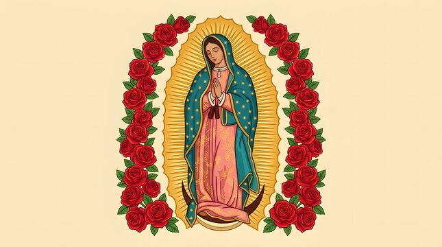 Our Lady of Guadalupe illustration with red roses frame and golden aura in a traditional religious art style design