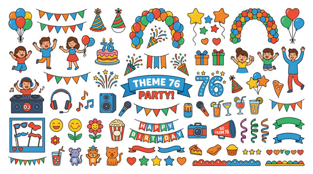 Set of Colorful Hand Drawn Party Elements and Birthday Decorations.
