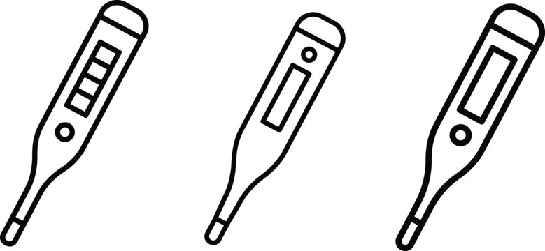 Digital Thermometer Line Icon Set with Medical Temperature Device, Minimal Outline Vector Icons for Health and Fever Check