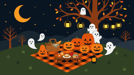 Fototapeta premium Halloween themed picnic with ghosts and pumpkins.