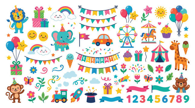 Set of cute cartoon birthday party elements and animals.