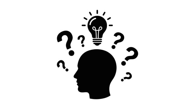 Silhouette head with lightbulb and question marks symbolizing idea generation