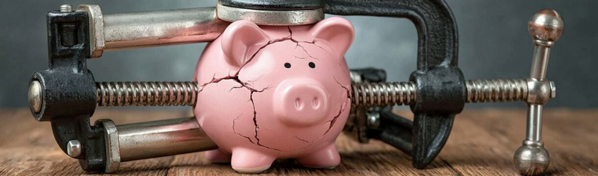 Financial Squeeze: A cracked pink piggy bank is compressed in a C-clamp, symbolizing financial hardship and economic pressure, depicting stress and a difficult financial situation.