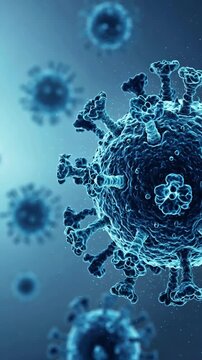Microscopic 3D Illustration of Virus Particles in Blue Background for Medical Science Research