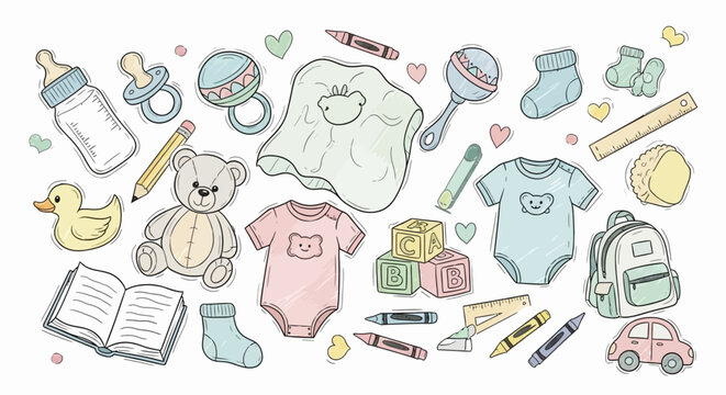 Cute hand drawn baby shower and newborn elements doodle set on white background.