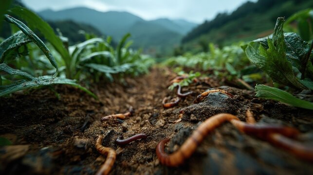 Macro view of earthworms in rich organic garden soil with green plants in background.