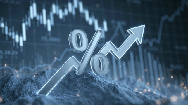 Financial Growth and Percentage Increase: A 3D rendering depicts a stylized percentage symbol with an upward arrow, set against a backdrop of financial charts and graphs.