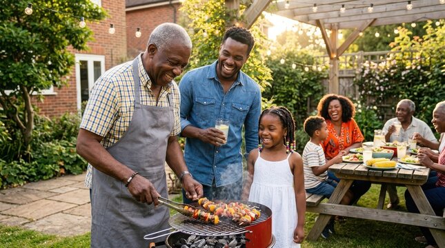 Multi-generational family grilling food on a charcoal barbecue in a sunny backyard garden