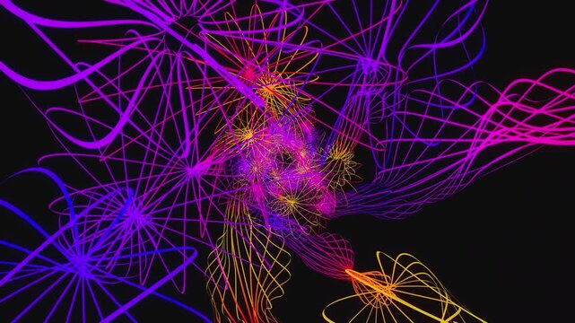 Hypnotic seamless loop of a futuristic geometric tunnel. Abstract digital vortex made of twisting chaos lines, particle strings and quantum data waves, creating deep science and physics background