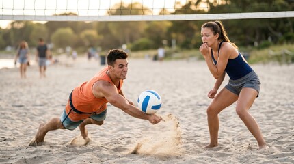 Fototapeta premium Young athletic man diving for volleyball on beach with female partner watching, active summer lifestyle and competitive beach sports concept