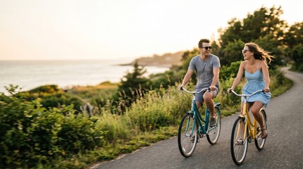 Fototapeta premium Young Caucasian Couple Riding Bicycles on Coastal Path at Sunset Enjoying Romantic Summer Vacation Outdoors Lifestyle Concept