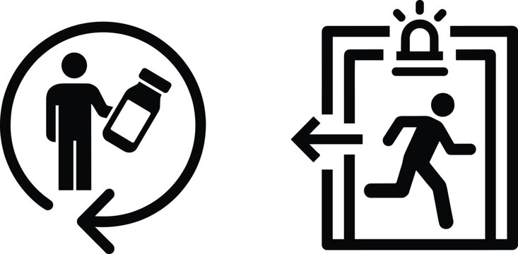 Emergency Exit and Delivery Return Icon Set with Running Person and Alarm, Black Vector Icons for Safety and Service