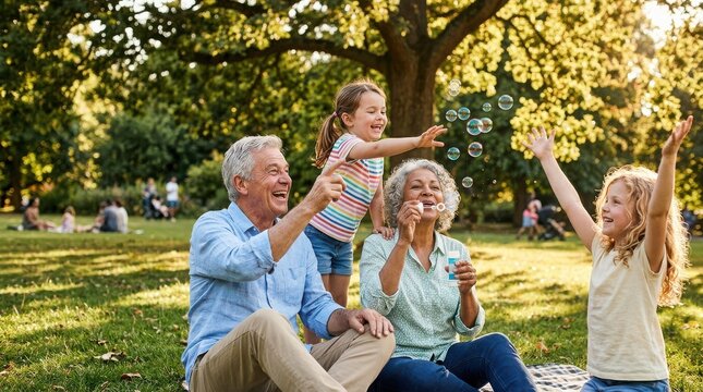 Grandparents and two granddaughters playing with soap bubbles in a sunny park, sitting on grass