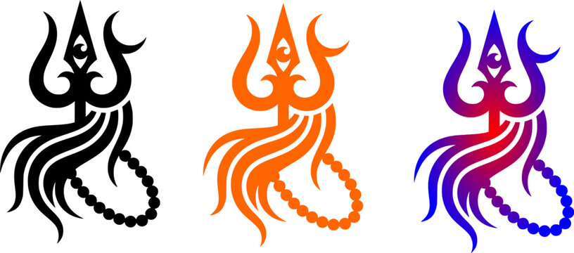 Lord Shiva trishul trident silhouette icon set featuring a third eye cut out design with matted hair and rudraksha beads chain in black, orange, and blue purple gradient isolated on white background.