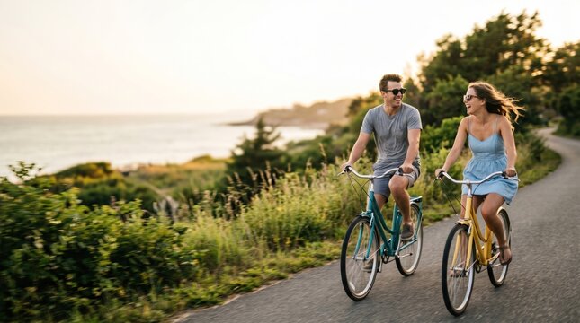 Young Caucasian Couple Riding Bicycles on Coastal Path at Sunset Enjoying Romantic Summer Vacation Outdoors Lifestyle Concept