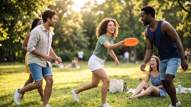 Diverse Group of Young Adult Friends Playing Frisbee in a Sunny Park for Summer Leisure and Outdoor Recreation Concept