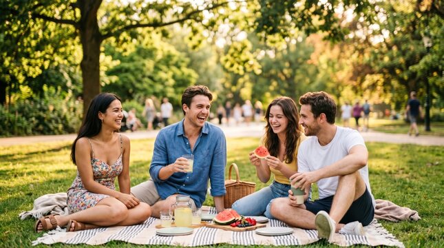 Happy young adult friends having a summer picnic in a park with watermelon and drinks, enjoying a sunny outdoor social gathering together