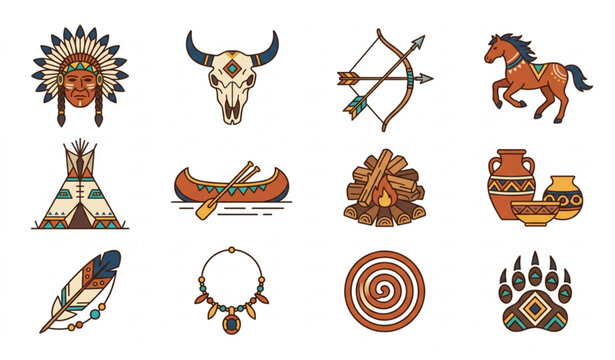 American Indian tribe lifestyle icon collection with traditional culture and native symbols vector set