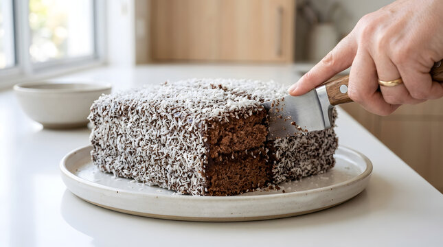 A woman's hand is cutting an Australian lamington sponge cake on white plate against a casual modern kitchen background at morning time setting