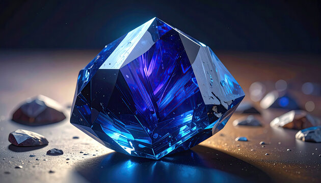 Beautiful Blue Diamond Crystal with Light Reflection and Shadow