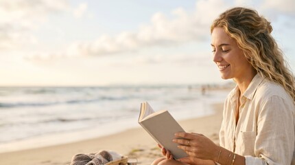 Fototapeta premium Young blonde woman reading a book on a sandy beach at sunset, peaceful leisure time, summer vacation lifestyle and relaxation concept