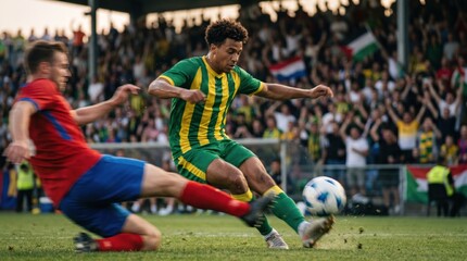 Fototapeta premium Young male soccer player in green and yellow jersey kicking ball during intense professional match with sliding tackle defense