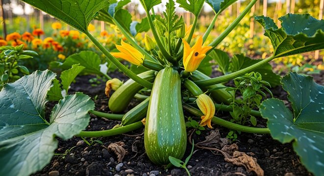 Fresh green zucchini growing in a vegetable garden with yellow flowers.