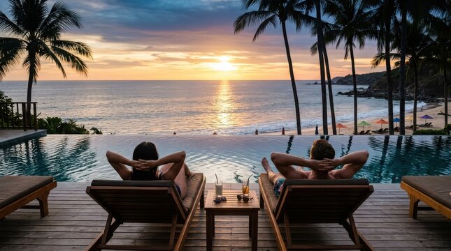 Couple relaxing on lounge chairs by an infinity pool at sunset, overlooking the ocean beach