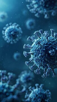3D Illustration of Microscopic Virus Particles Floating in a Blue Biological Environment