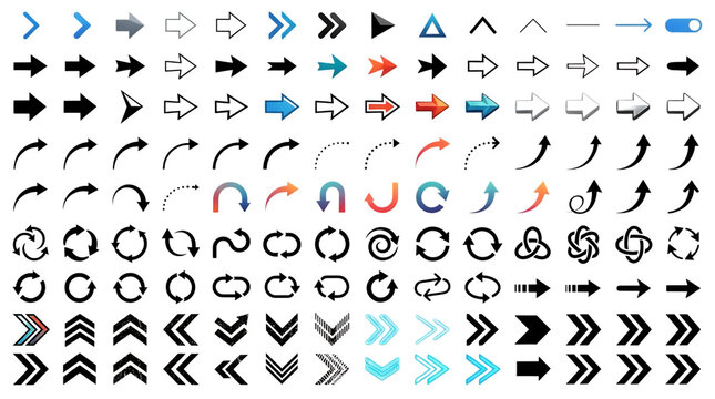 Collection of various arrow icons isolated on transparent background