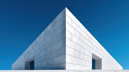 Obraz premium Modern triangular white building structure against a vibrant blue sky with clean geometric lines.
