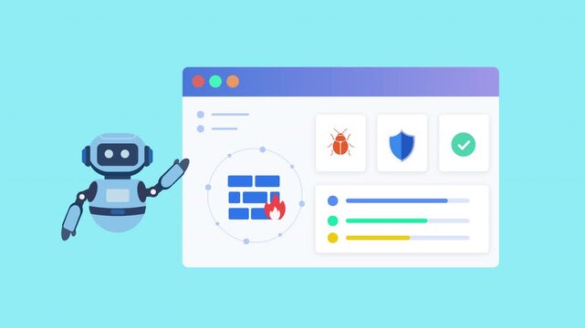 Modern flat vector animation of an AI cybersecurity dashboard with virtual assistant, malware detection, security monitoring, threat analysis, and protection status. Ideal for artificial intelligence,