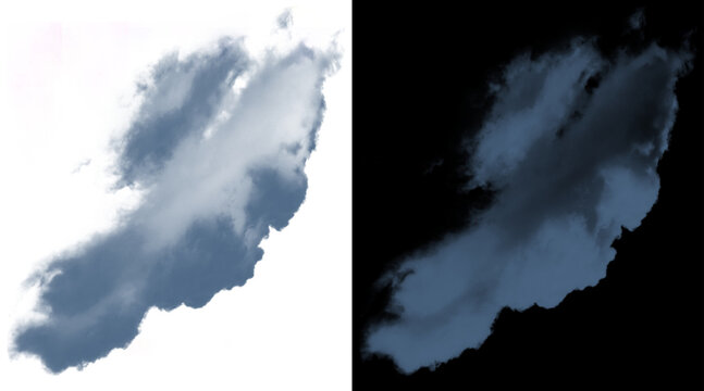 Dramatic storm cloud isolated on white and black backgrounds, dark blue thundercloud texture, moody atmospheric vapor for photo compositing