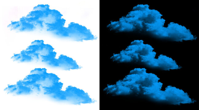 Vibrant blue clouds collection on white and black backgrounds, set of 6 fluffy cloud elements, ethereal sky textures for digital art and compositing