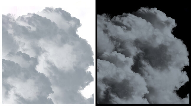 Dramatic cumulus clouds with alpha channel mask, fluffy white storm cloud texture on white and black background, atmospheric sky design element