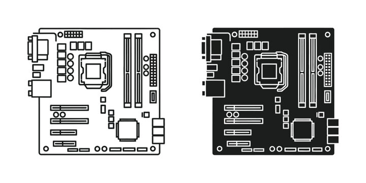 Computer motherboard mainboard circuit board set in outline and solid black style for tech hardware schematics