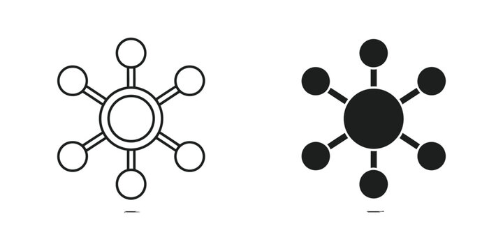 Network connection hub diagram in outline and solid black styles representing centralized data communication