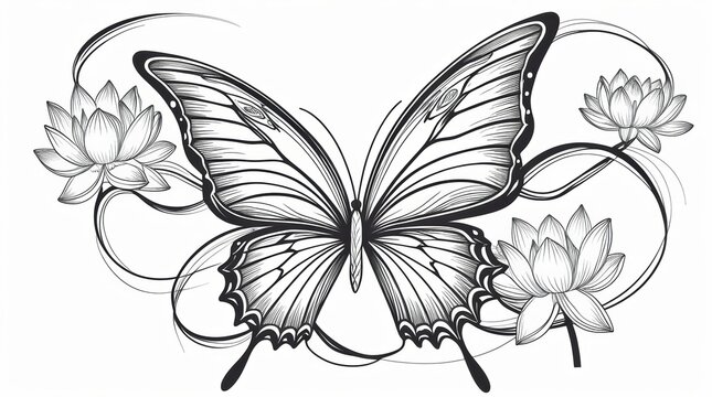 Beautiful butterfly with lotus flowers line art illustration isolated on white background