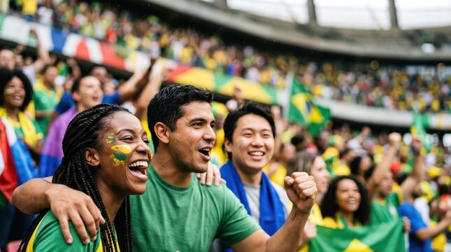 Diverse group of young adult soccer fans cheering in stadium with face paint and flags celebrating a goal during a competitive match