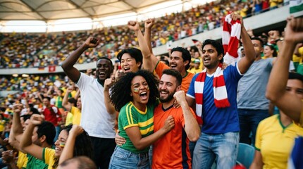 Fototapeta premium Diverse Group of Excited Soccer Fans Cheering in Stadium Celebrating Victory with Passionate Expressions and Team Colors
