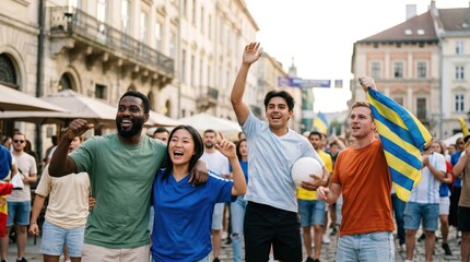 Fototapeta premium Diverse group of young adult friends cheering for sports team with flag and ball in city square celebrating victory together